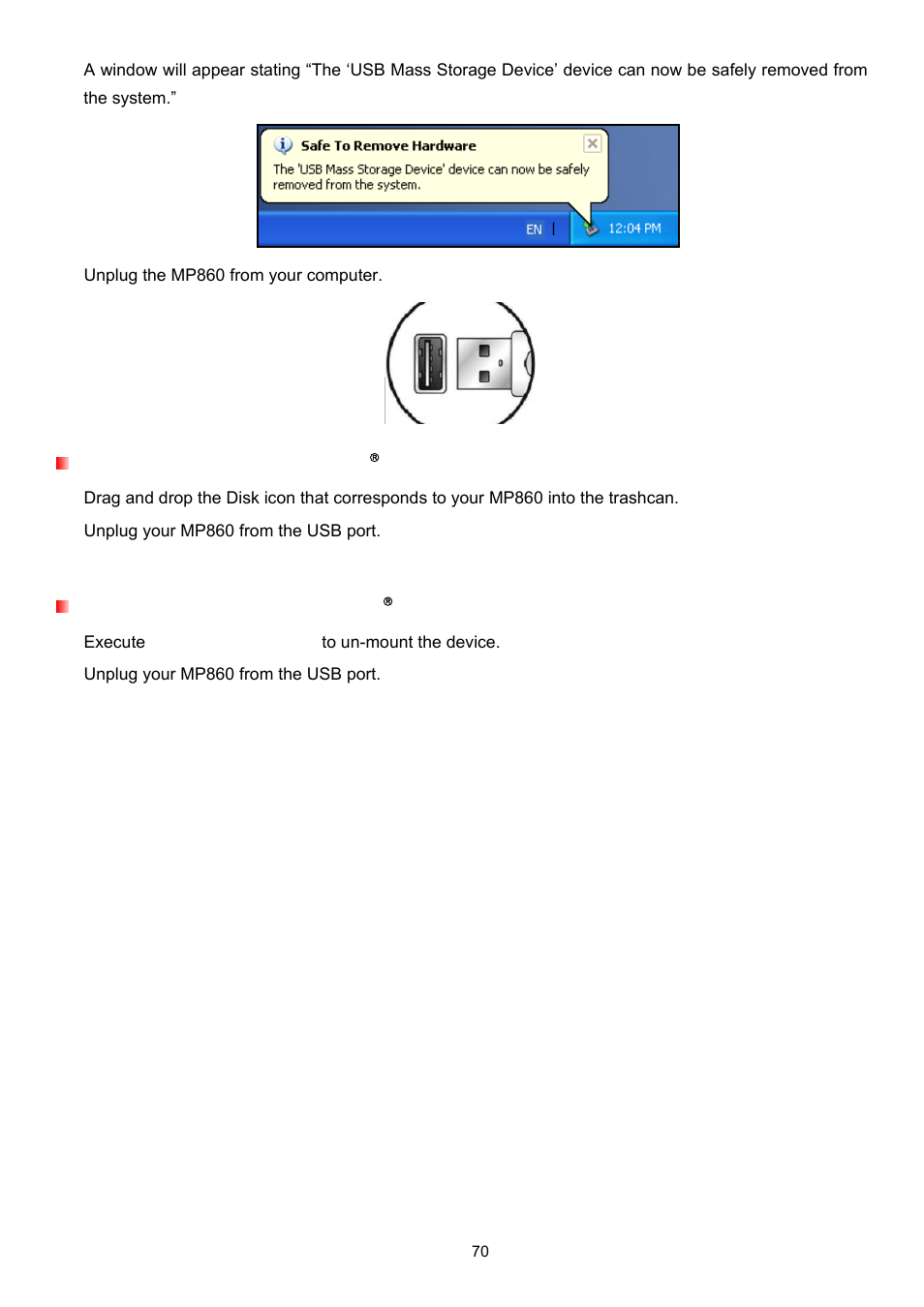 Disconnecting the mp860 in mac, Os 10.0 or later, Disconnecting the mp860 in linux | Kernel 2.4 or later | Transcend Information Transcend MP860 User Manual | Page 70 / 79