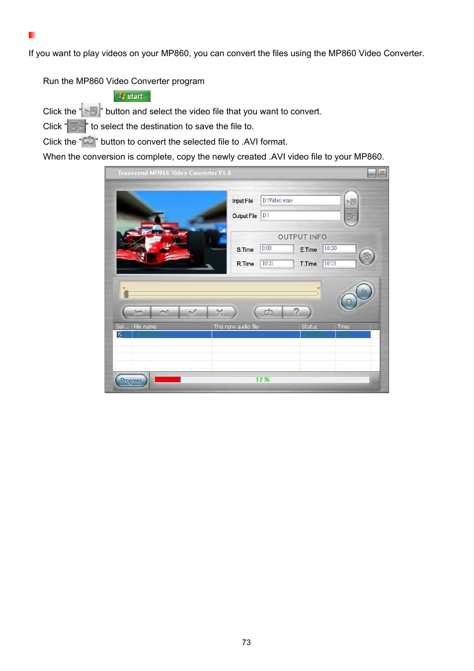 Converting video files for playback | Transcend Information Transcend MP860 User Manual | Page 73 / 79