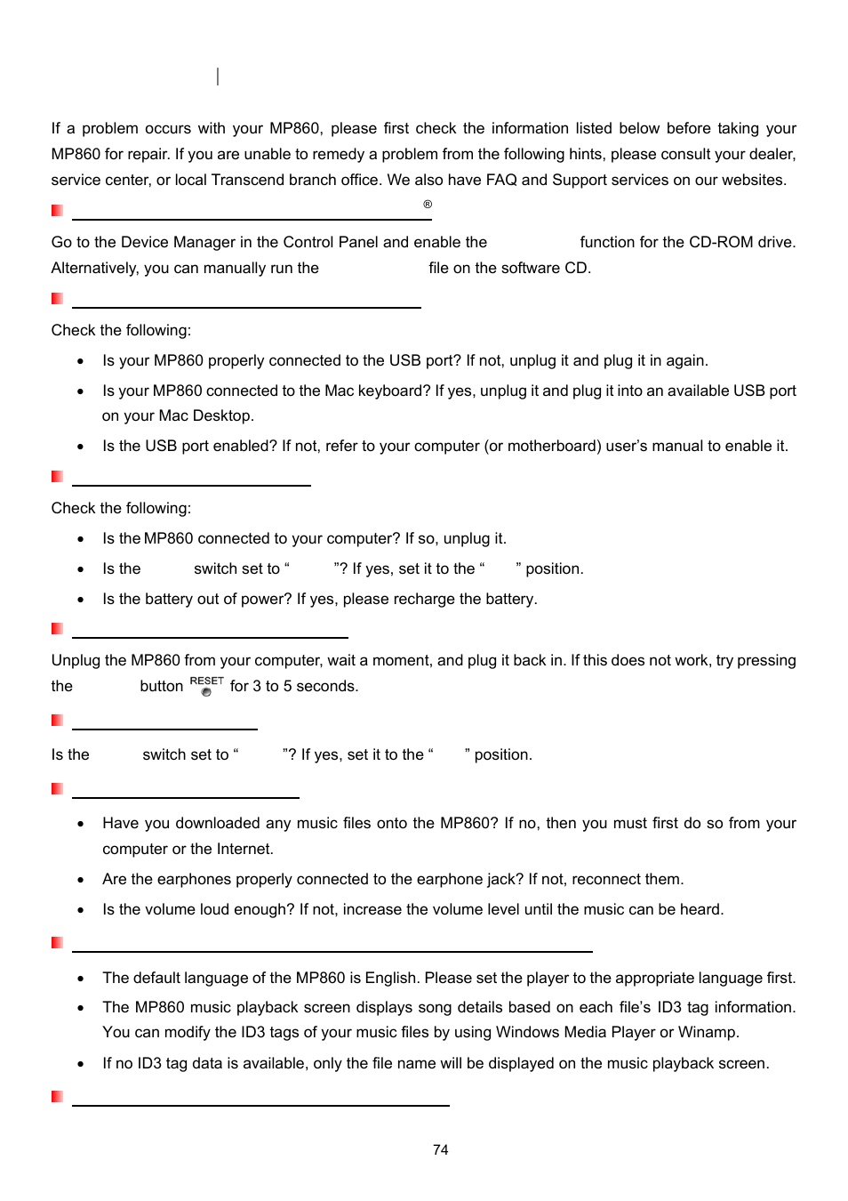 Troubleshooting | Transcend Information Transcend MP860 User Manual | Page 74 / 79