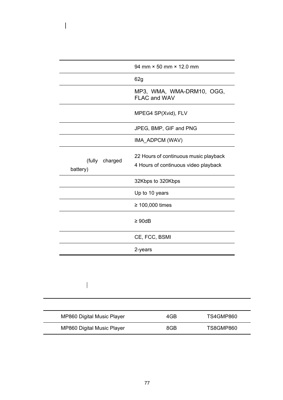 Specifications, Ordering information | Transcend Information Transcend MP860 User Manual | Page 77 / 79