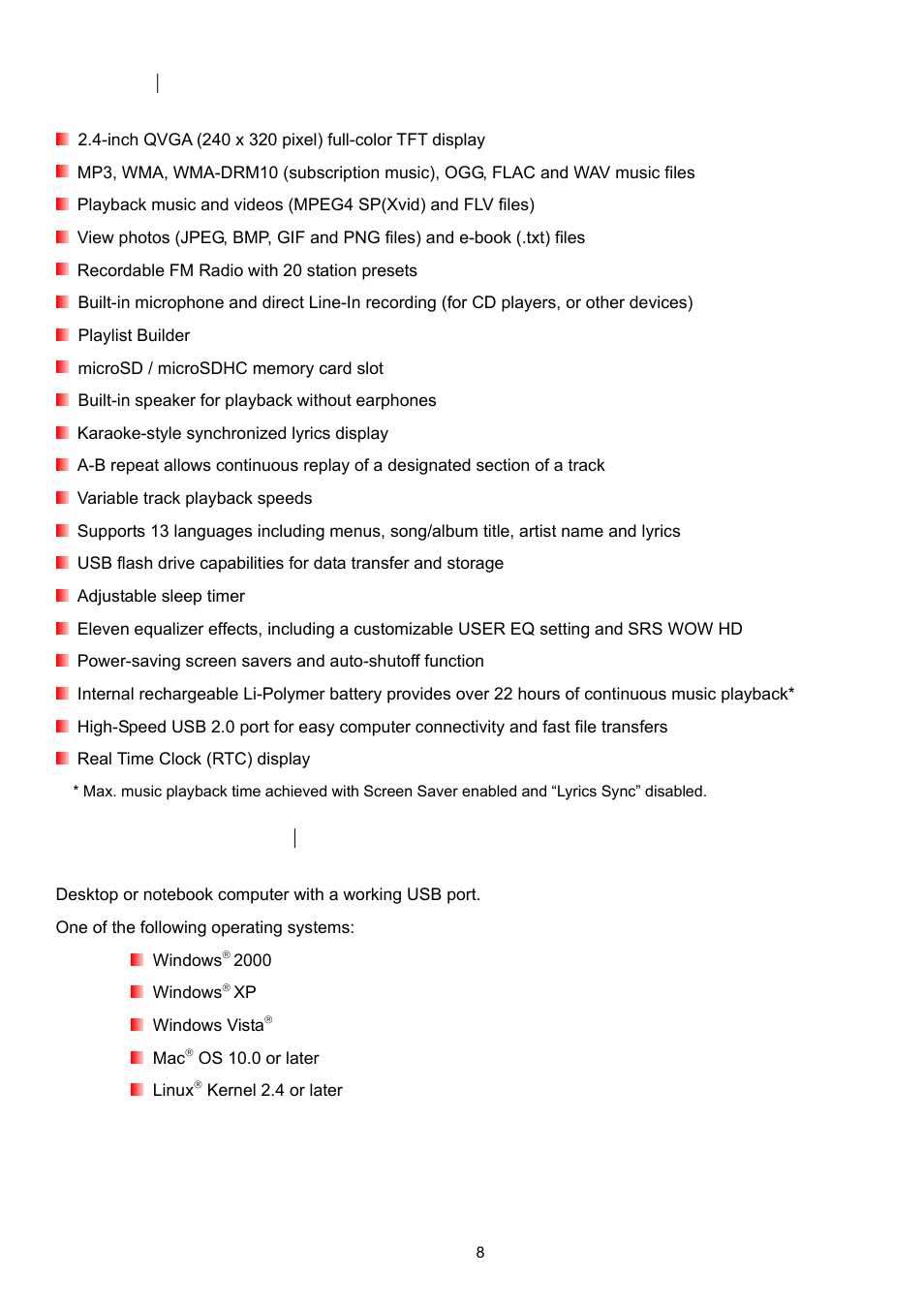 Features, System requirements | Transcend Information Transcend MP860 User Manual | Page 8 / 79