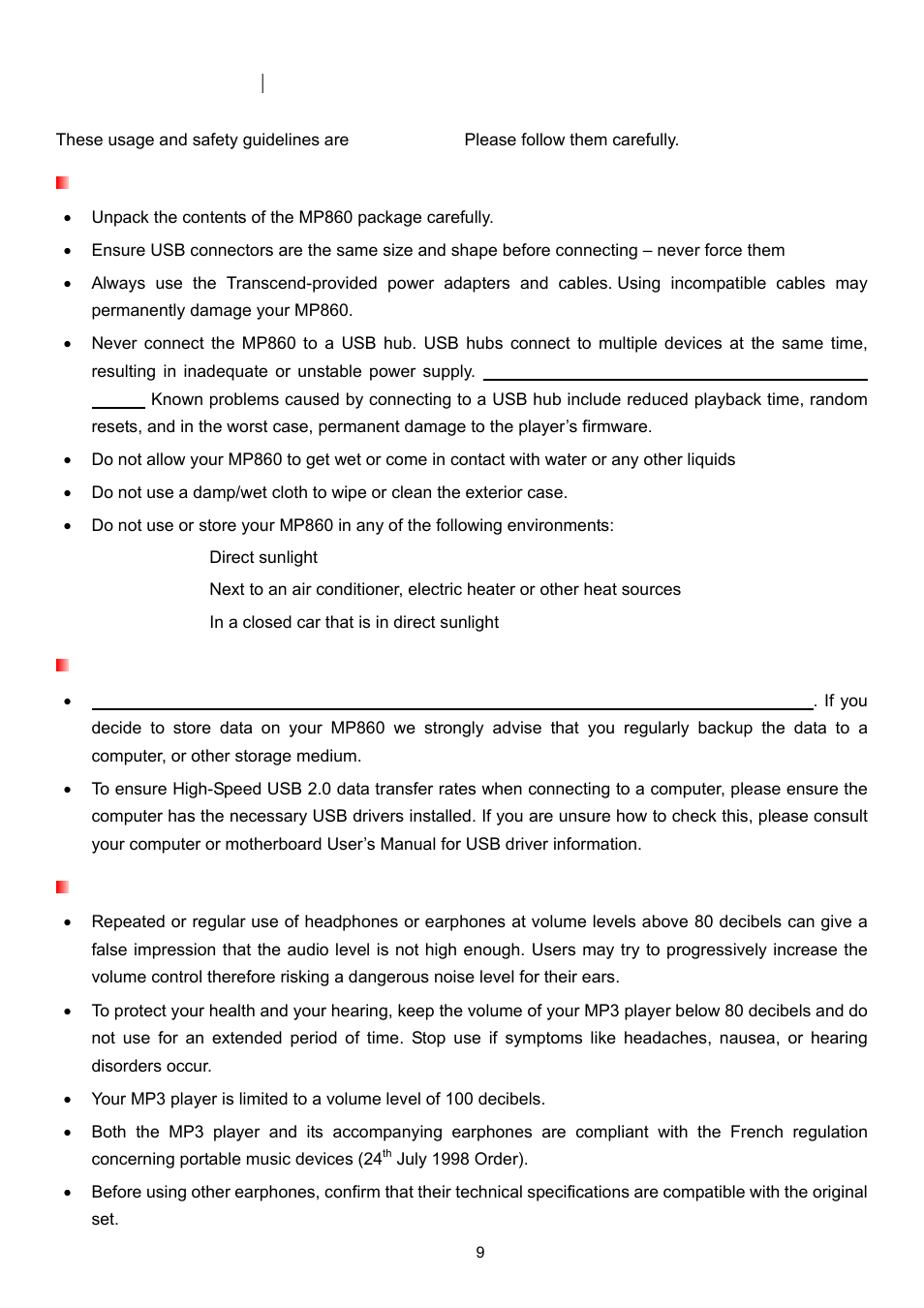 Safety precautions, General use, Backing up data | Caution: risk of deafness | Transcend Information Transcend MP860 User Manual | Page 9 / 79