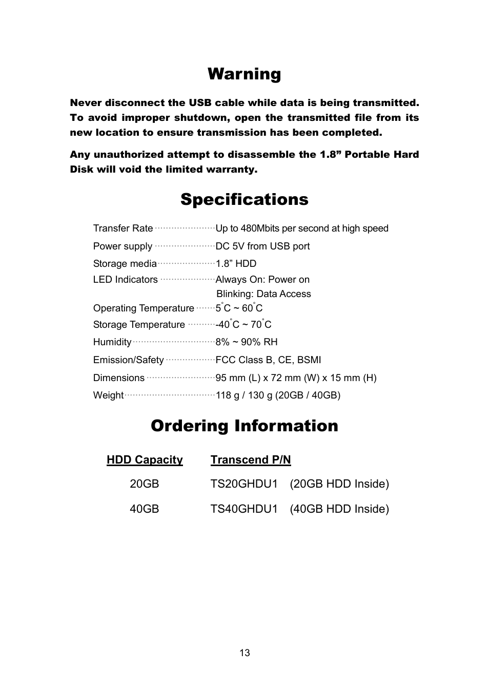 Warning, Specifications, Ordering information | Transcend Information Portable Hard Disk TS40GHDU1 User Manual | Page 15 / 16