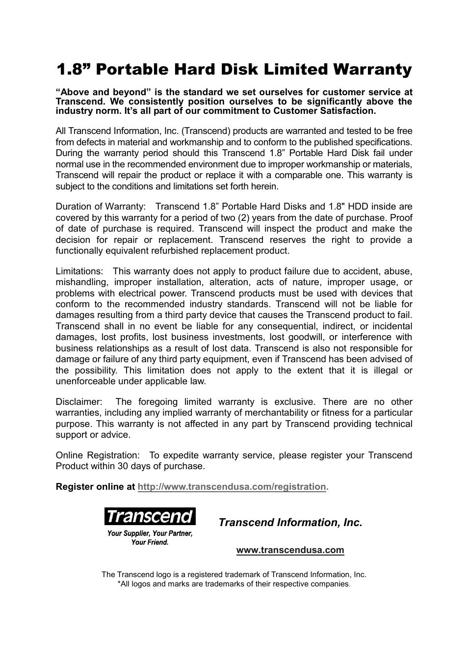 8” portable hard disk limited warranty, Transcend information, inc | Transcend Information Portable Hard Disk TS40GHDU1 User Manual | Page 16 / 16