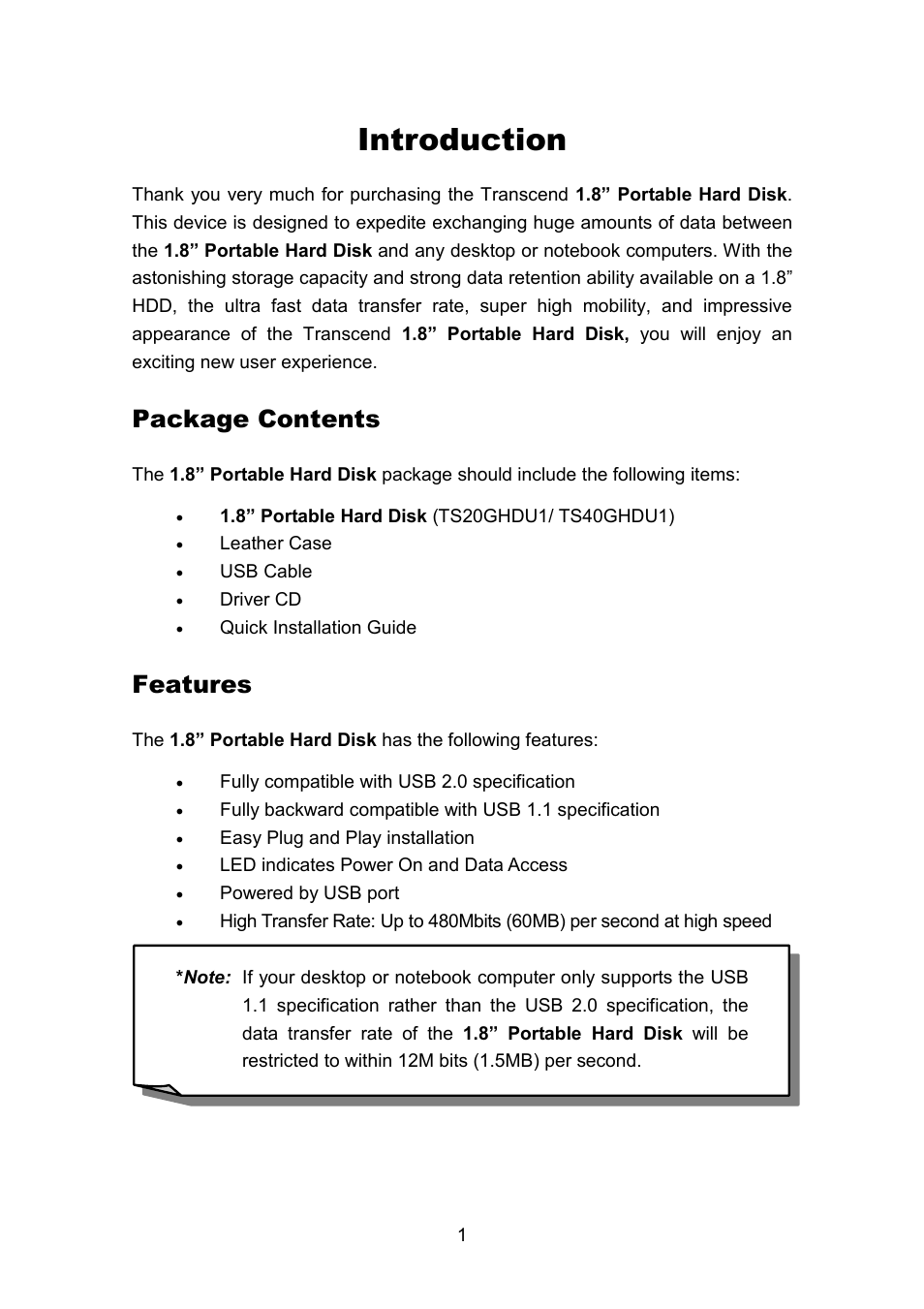 Introduction, Package contents, Features | Transcend Information Portable Hard Disk TS40GHDU1 User Manual | Page 3 / 16