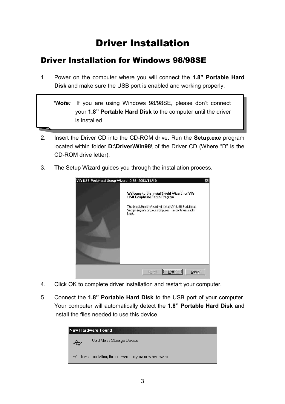 Driver installation, Driver installation for windows 98/98se | Transcend Information Portable Hard Disk TS40GHDU1 User Manual | Page 5 / 16