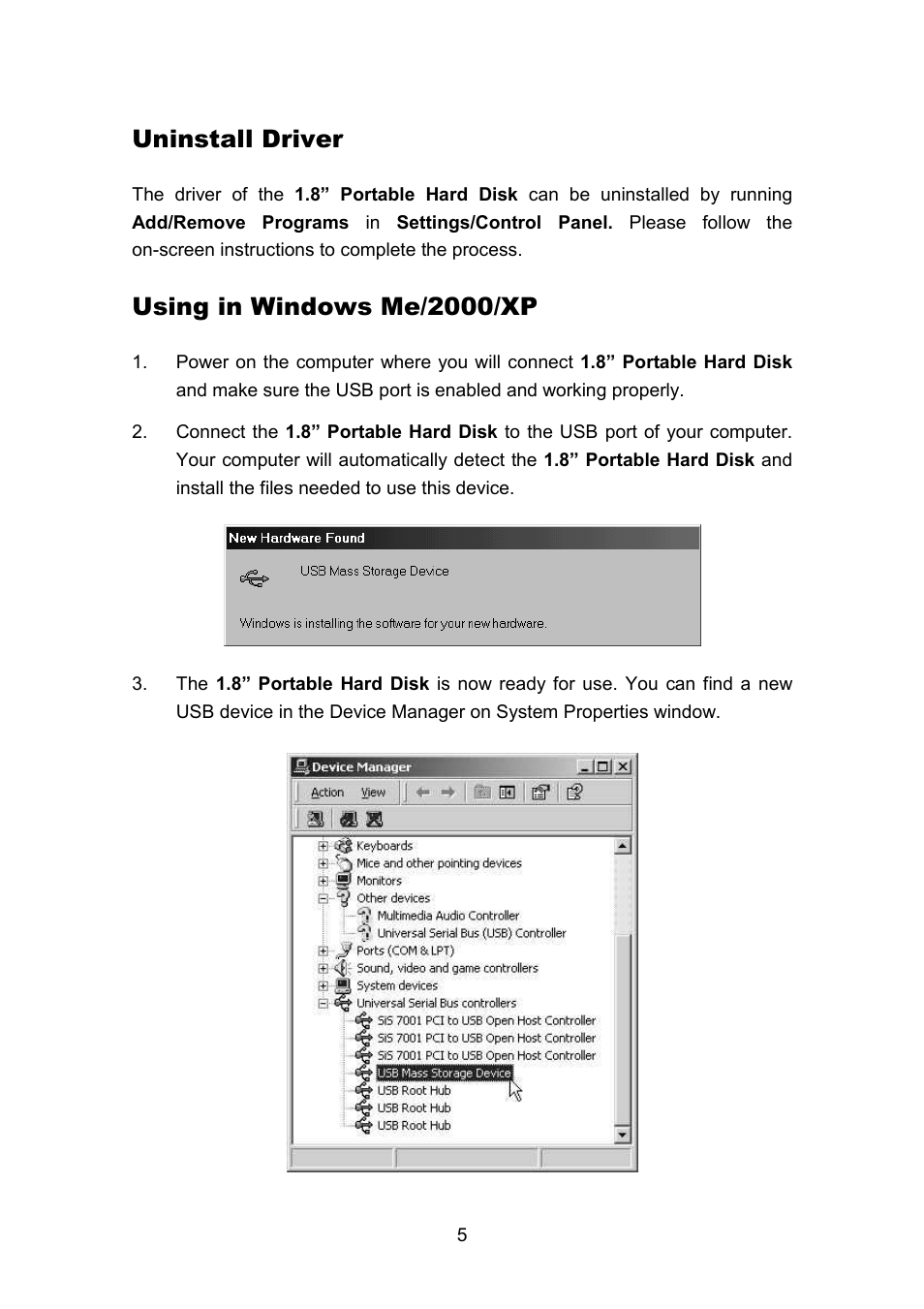 Uninstall driver, Using in windows me/2000/xp | Transcend Information Portable Hard Disk TS40GHDU1 User Manual | Page 7 / 16