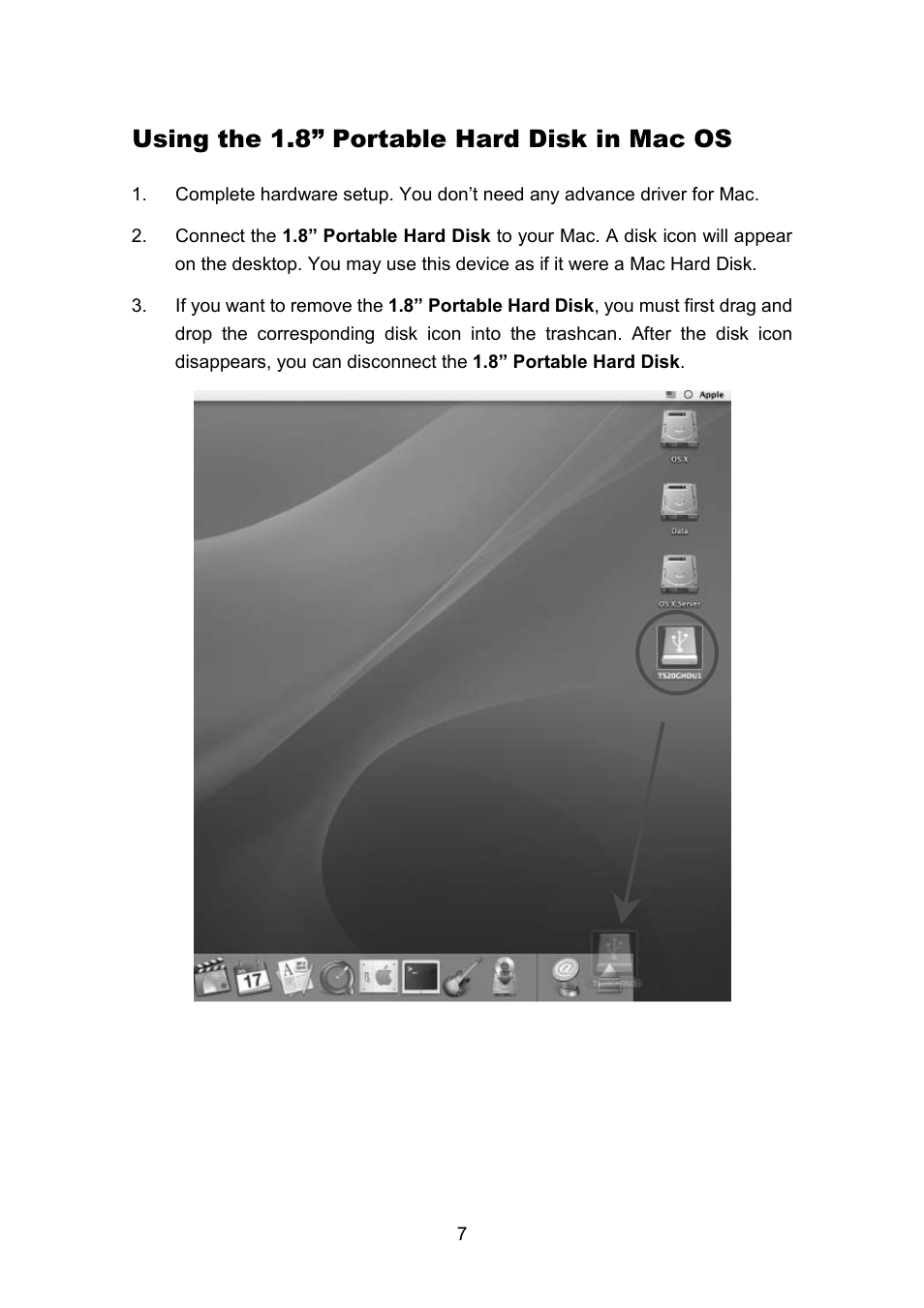 Using the 1.8” portable hard disk in mac os | Transcend Information Portable Hard Disk TS40GHDU1 User Manual | Page 9 / 16