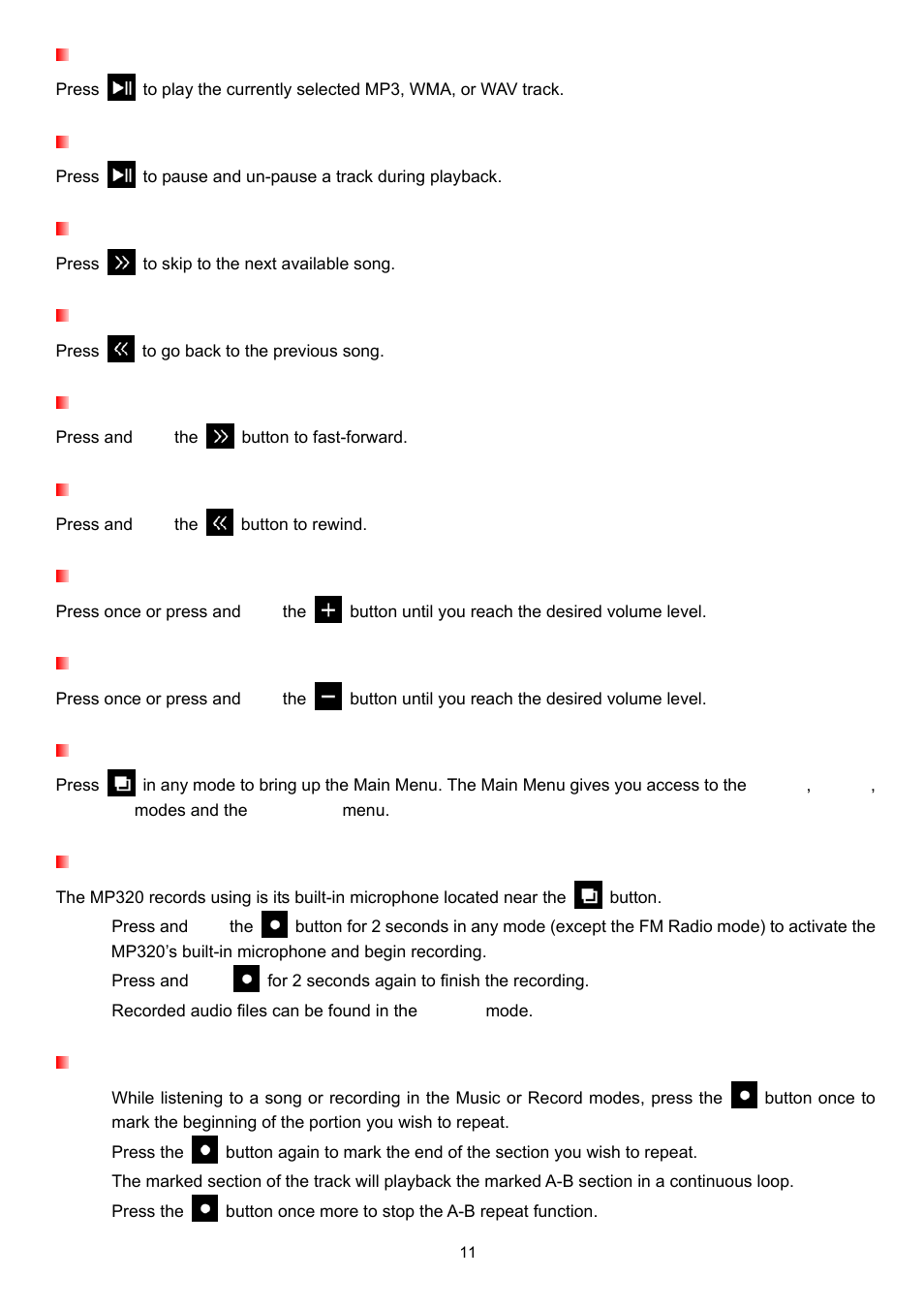 Play a song, Pause a song, Next track | Previous track, Fast forward, Rewind, Increase volume, Decrease volume, Main menu, Voice recording | Transcend Information TS4GMP320 User Manual | Page 11 / 41