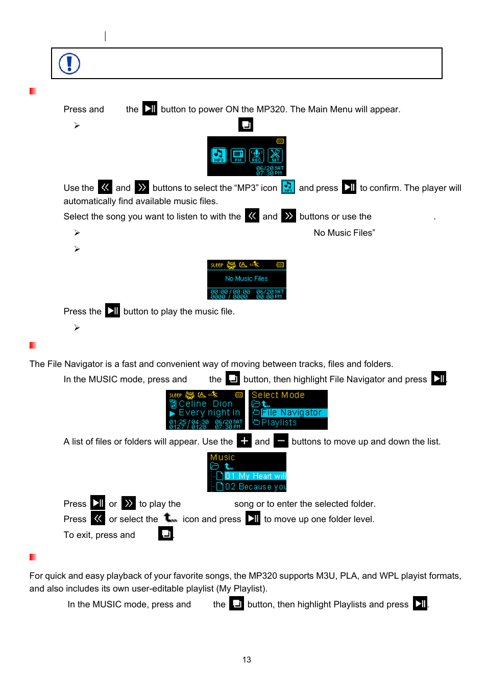 Music mode, Playing mp3, wma, or wma-drm10 music, File navigator | Playlists | Transcend Information TS4GMP320 User Manual | Page 13 / 41