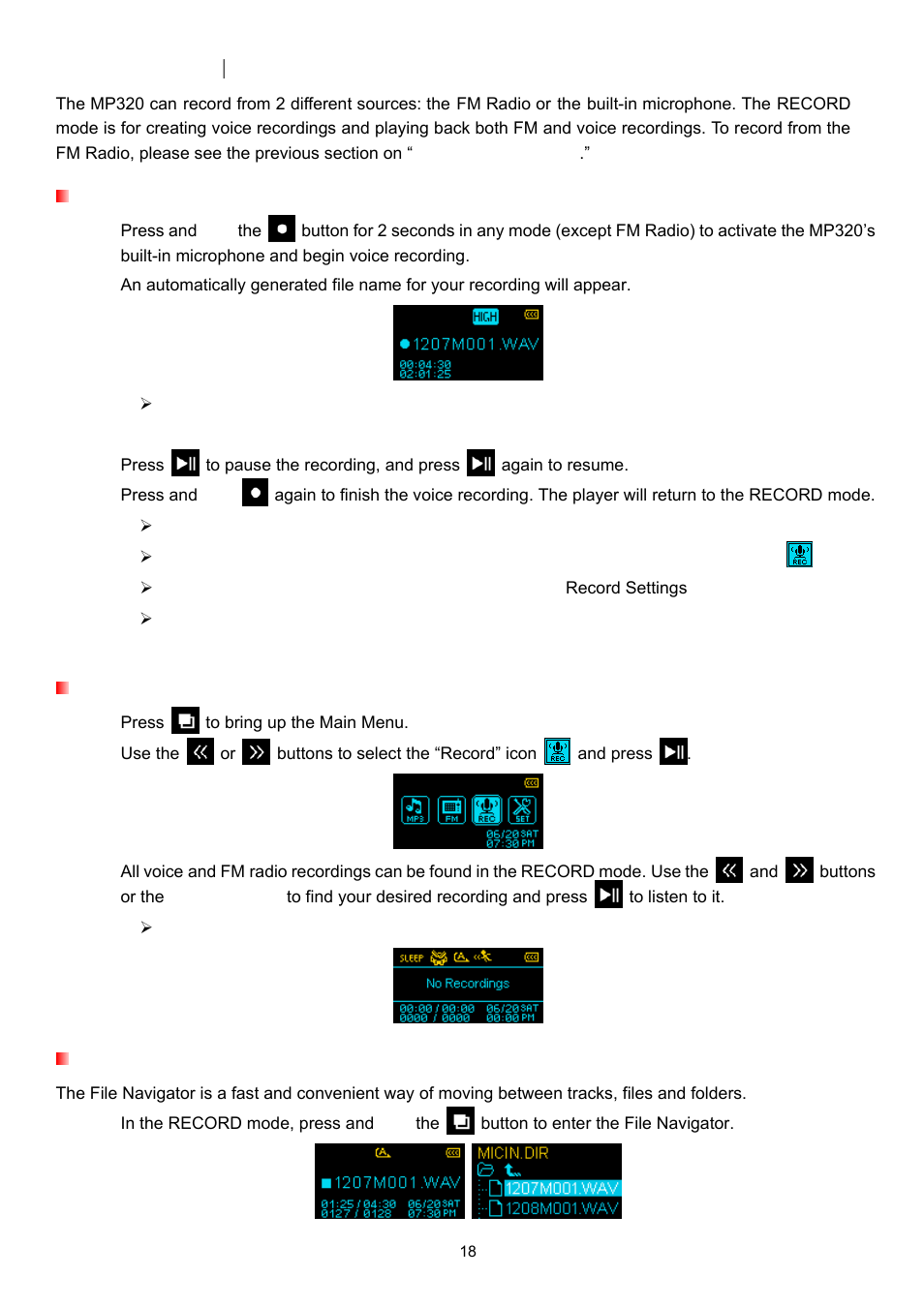 Record mode, Playing voice or fm recordings, File navigator | Transcend Information TS4GMP320 User Manual | Page 18 / 41