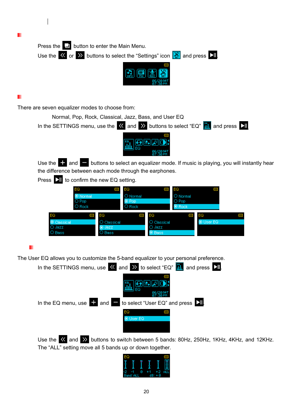 Settings, The settings menu, Equalizer (eq) | User eq customization | Transcend Information TS4GMP320 User Manual | Page 20 / 41