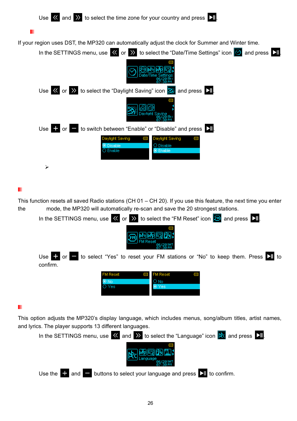 Daylight saving time (dst), Fm reset, Language | Transcend Information TS4GMP320 User Manual | Page 26 / 41