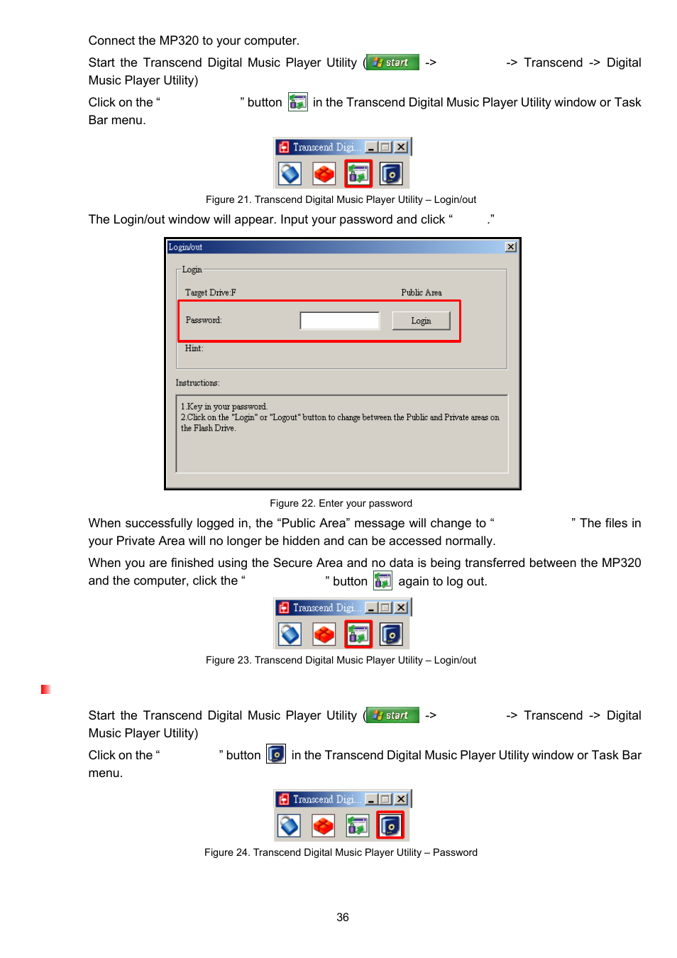 Your password, Login/out | Transcend Information TS4GMP320 User Manual | Page 36 / 41