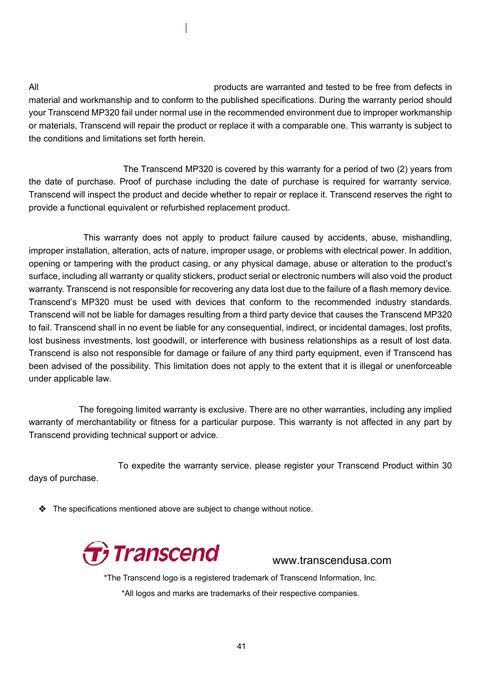 Transcend limited warranty, Transcend information, inc | Transcend Information TS4GMP320 User Manual | Page 41 / 41