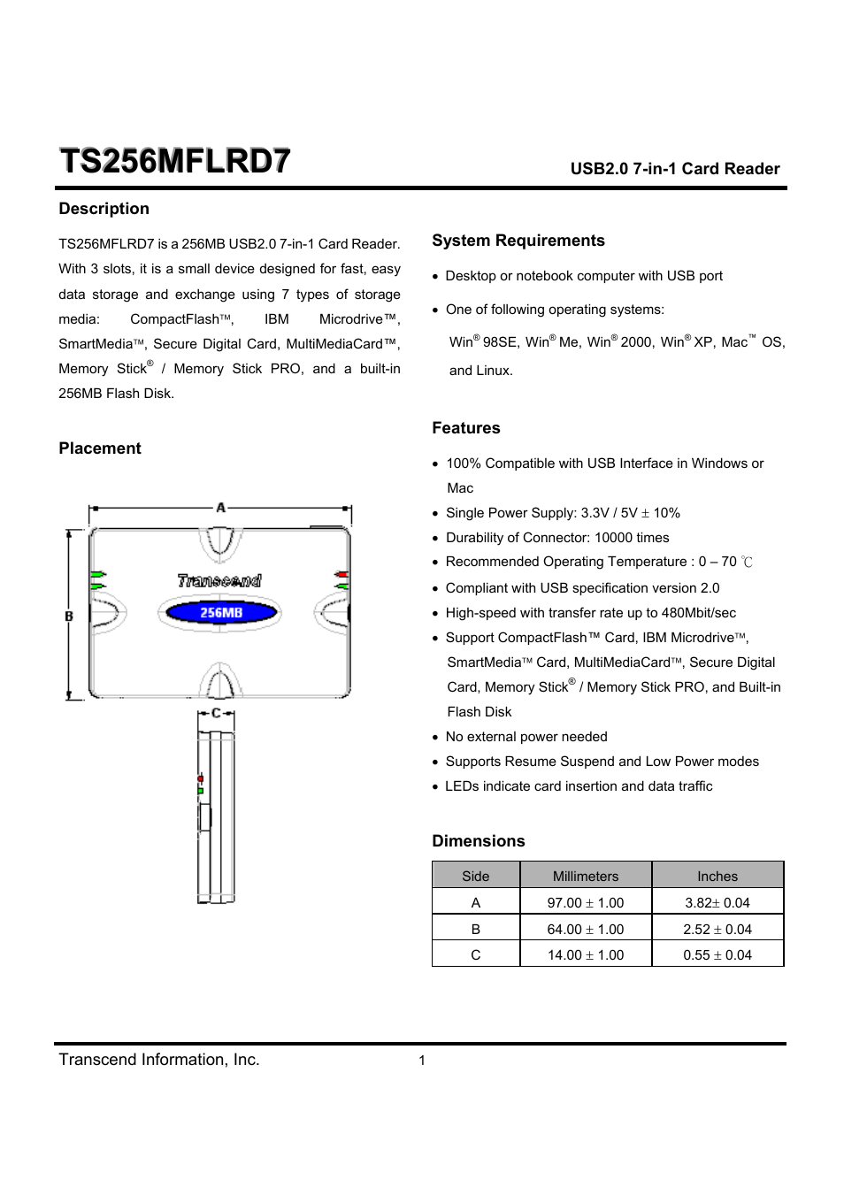 Transcend Information TS256MFLRD7 User Manual | 4 pages