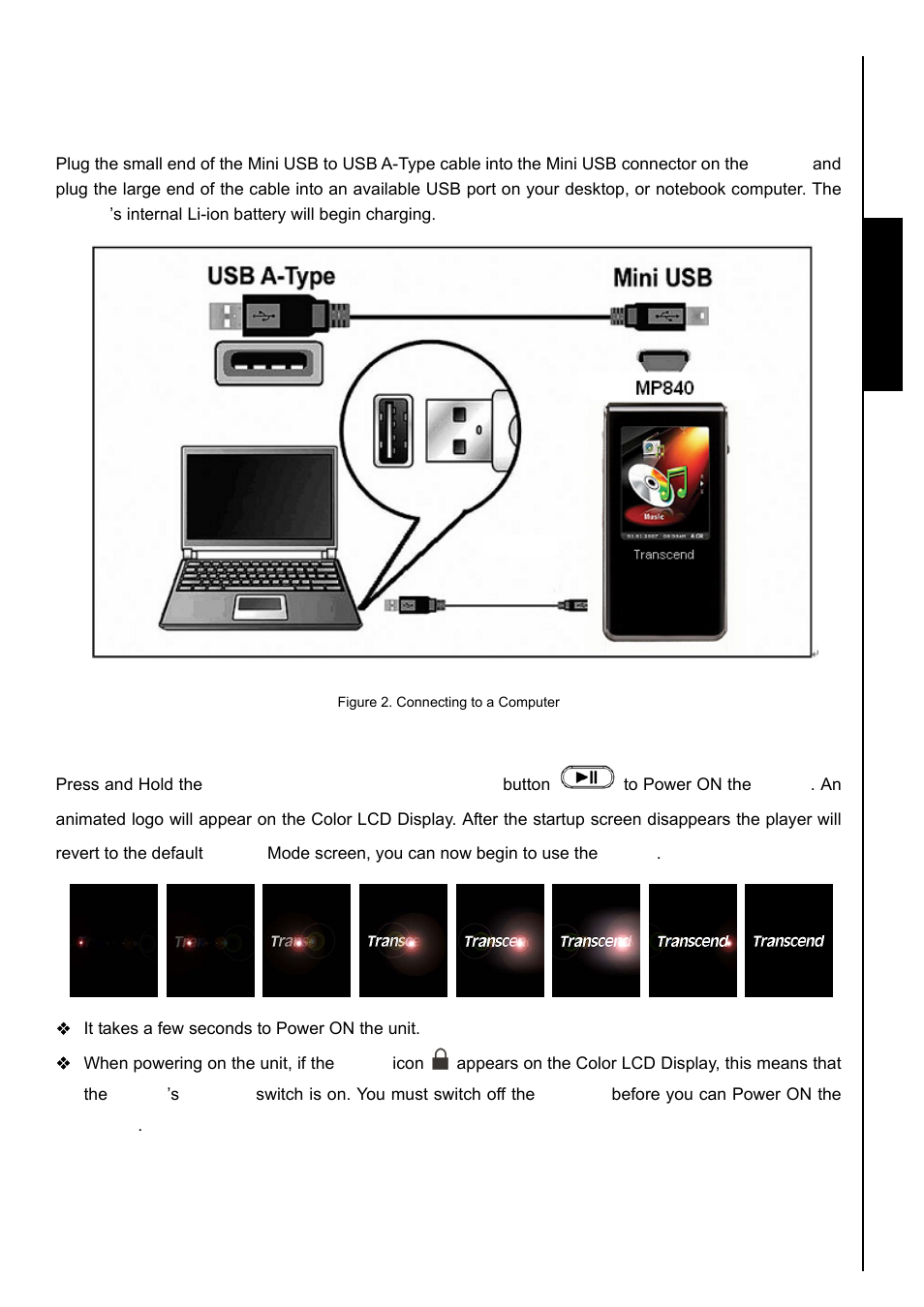 Basic operation, Charging the battery, Power on | Power off | Transcend Information TS8GMP840 User Manual | Page 11 / 73