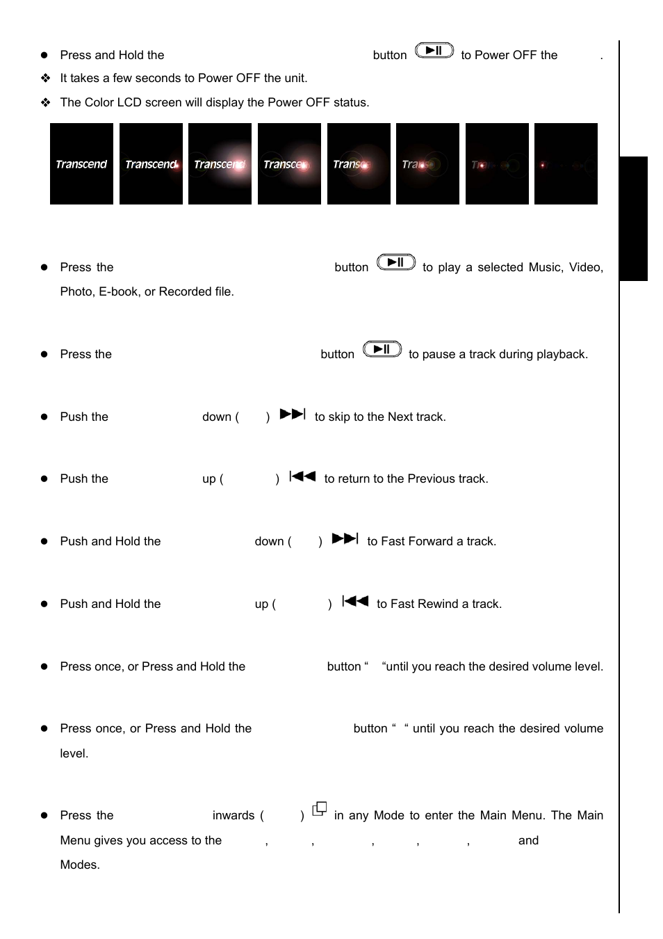 Play a track, Pause a track, Next track | Previous track, Fast forward, Fast rewind, Increase volume, Decrease volume, Main menu, Player controls | Transcend Information TS8GMP840 User Manual | Page 12 / 73