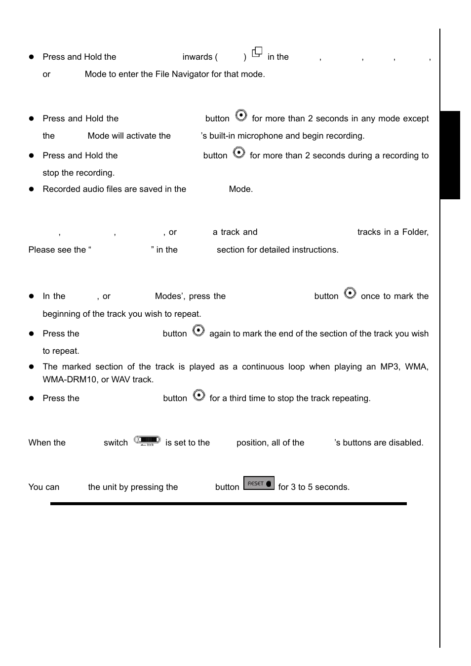File navigation, Make an audio recording, Repeat/shuffle functions | A-b repeat: repeat a section of a track, Lock, Reset the mp840, File navigation player controls | Transcend Information TS8GMP840 User Manual | Page 13 / 73