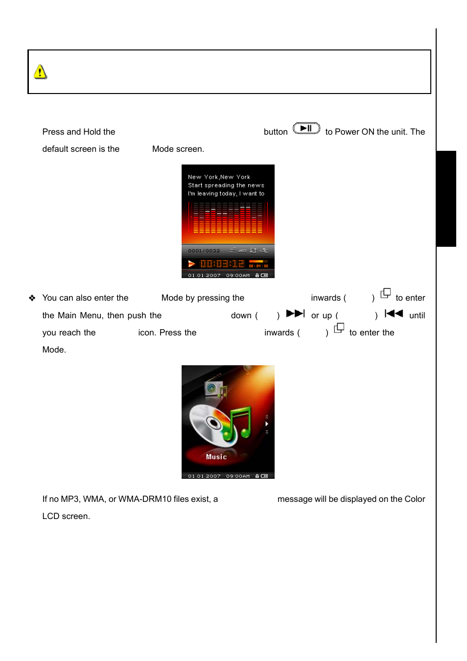 Music mode, Play mp3, wma and wma-drm10 (subscription) music, Musi c functions | Transcend Information TS8GMP840 User Manual | Page 14 / 73