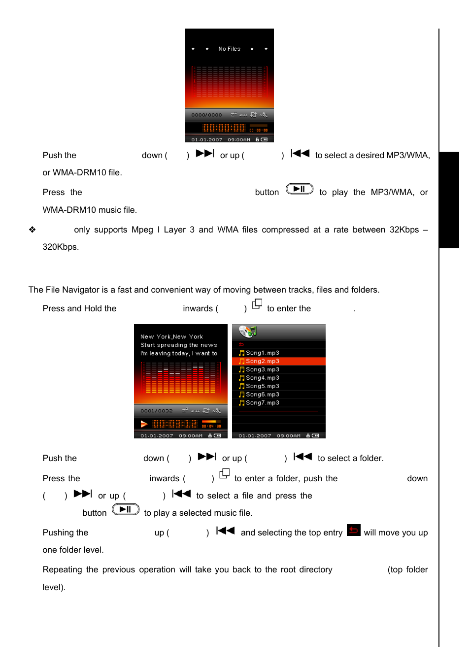 File navigator mode, Musi c functions | Transcend Information TS8GMP840 User Manual | Page 15 / 73