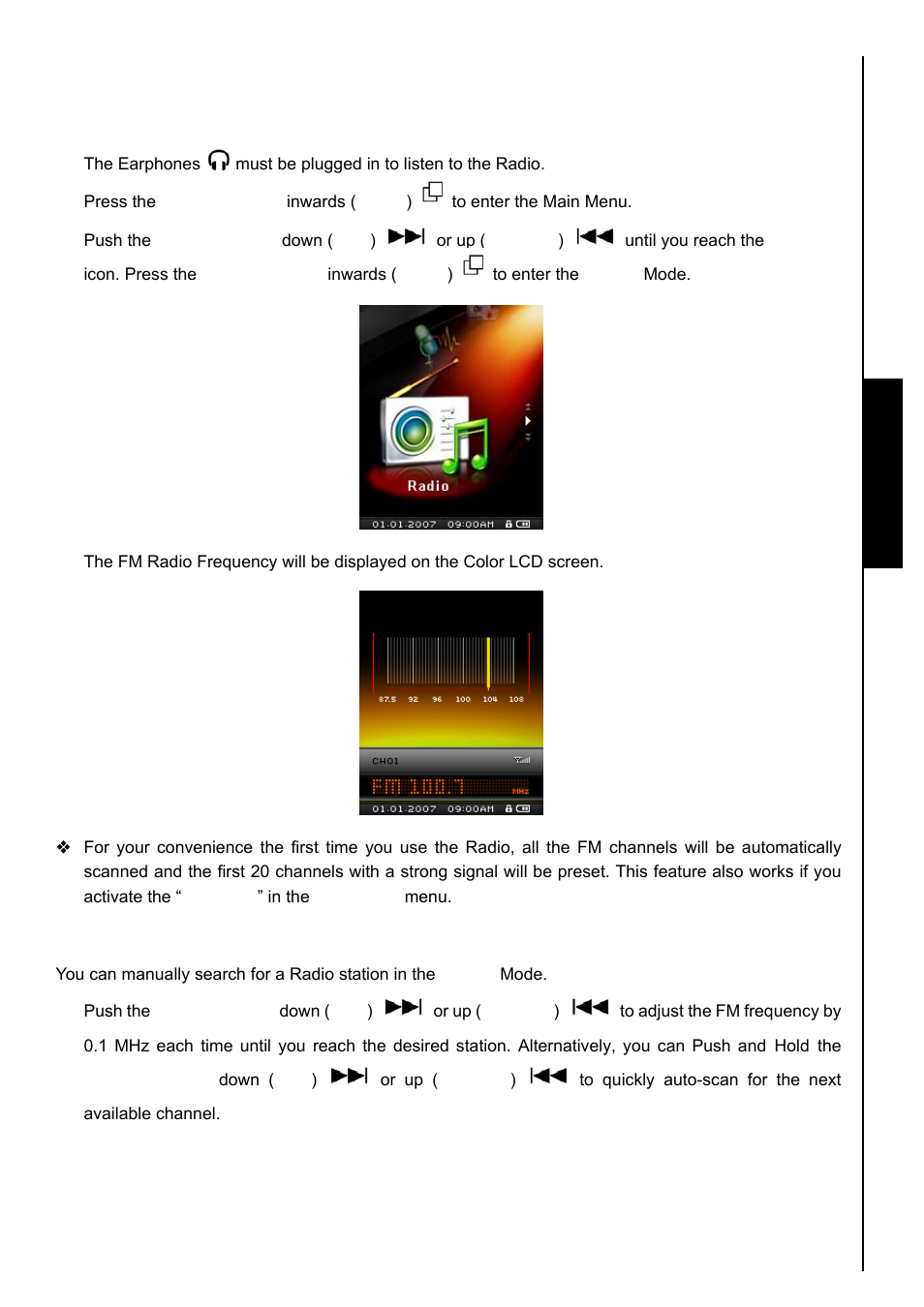 Radio mode, Listen to the radio, Selecting a radio station | Radi o functions listen to the radio | Transcend Information TS8GMP840 User Manual | Page 17 / 73