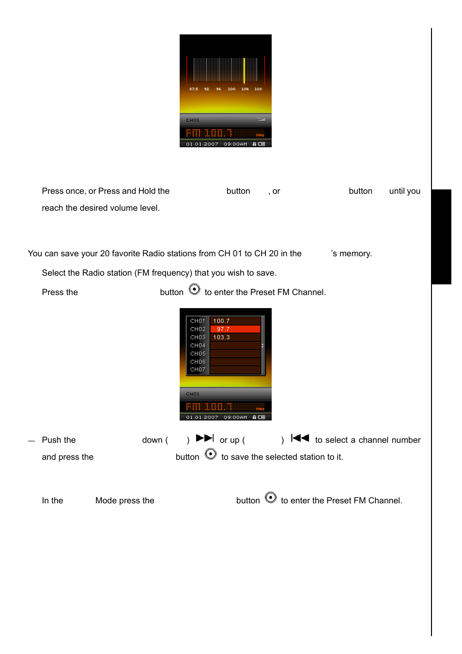 Increase/decrease the volume, Saving a radio station, Recall a saved station | Transcend Information TS8GMP840 User Manual | Page 18 / 73