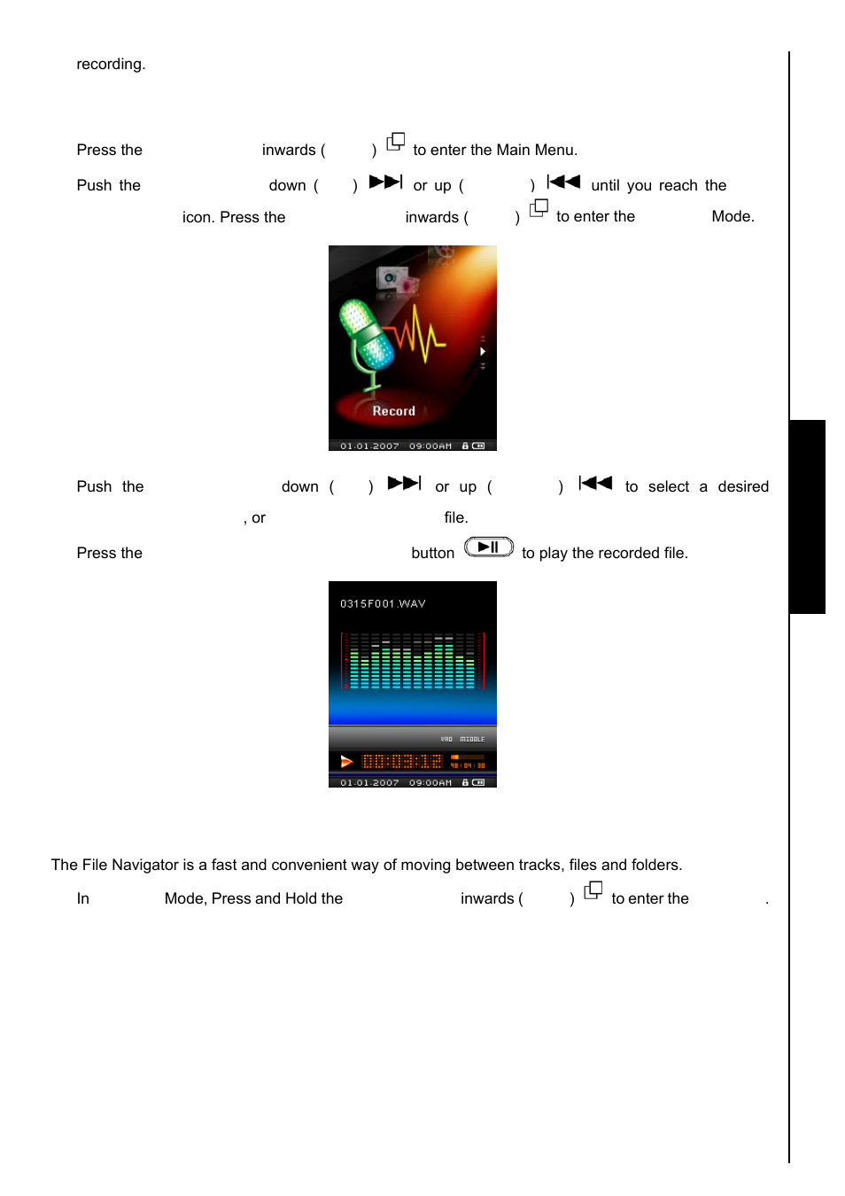 File navigator mode, Record functions, Play a recorded sound file | Transcend Information TS8GMP840 User Manual | Page 22 / 73