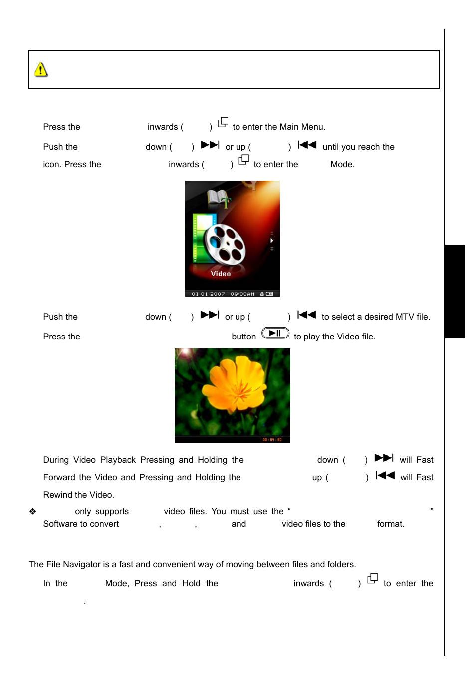 Video mode, Play mtv video files on your mp840, File navigator mode | Video functions | Transcend Information TS8GMP840 User Manual | Page 25 / 73