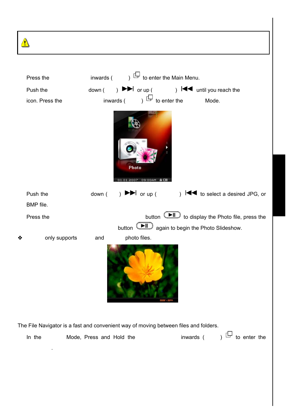 Photo mode, File navigator mode, Photo functions | Display jpg and bmp photo files on your mp840 | Transcend Information TS8GMP840 User Manual | Page 28 / 73