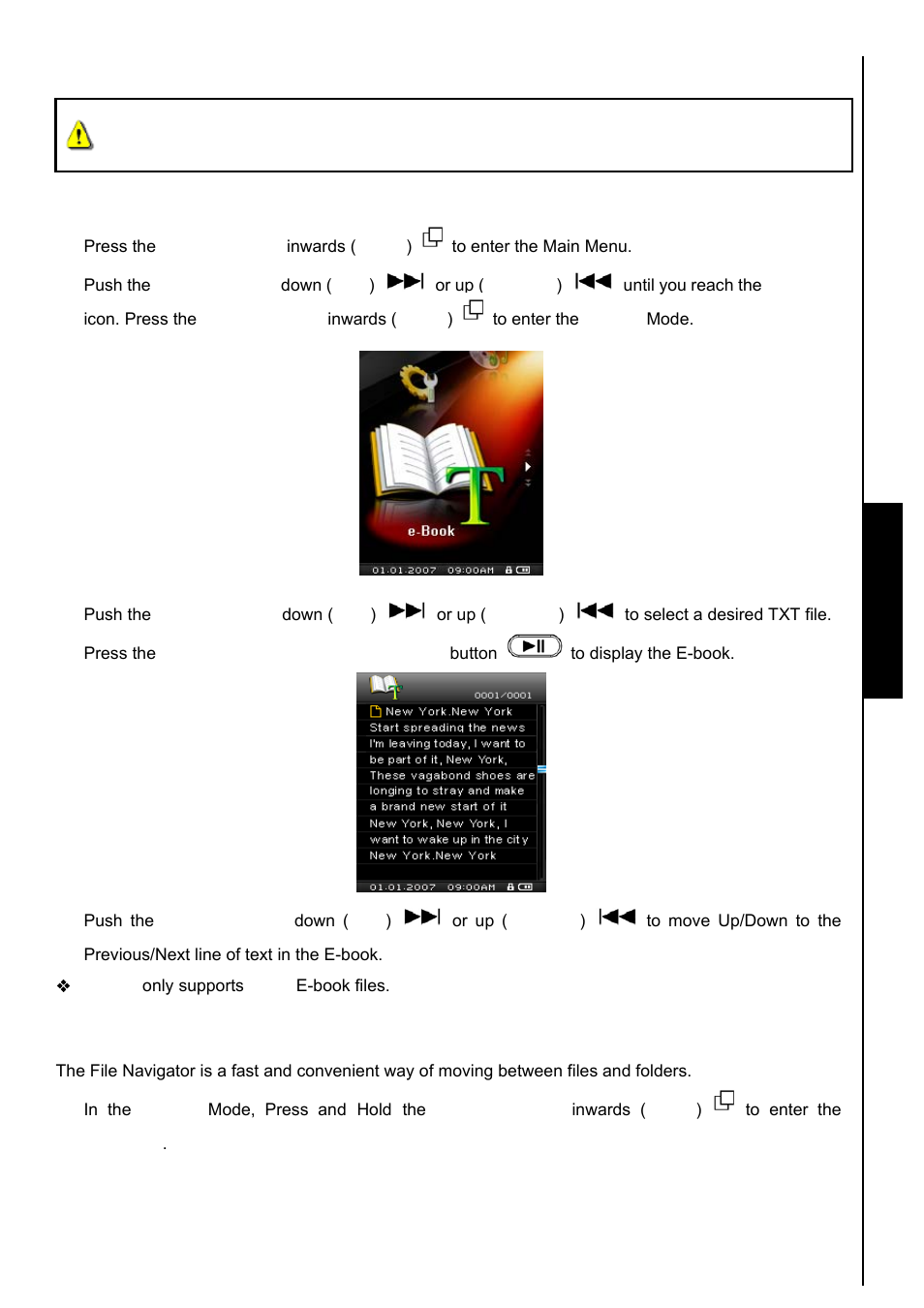 E-book mode, File navigator mode, E-book functions | Read txt e-book files on your mp840 | Transcend Information TS8GMP840 User Manual | Page 31 / 73