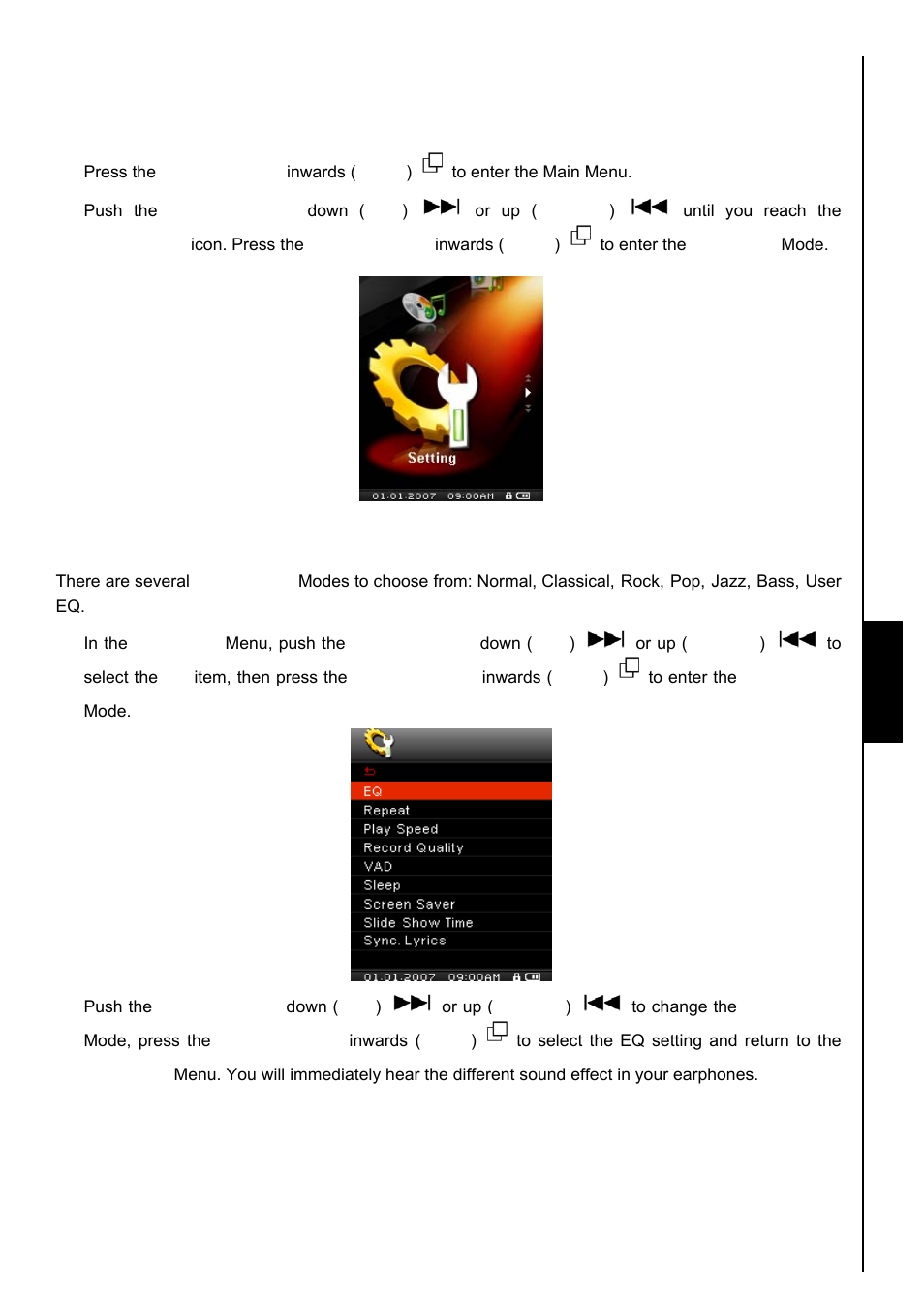 Settings, Enter the settings menu, Equalizer (eq) mode | Setti ng s enter the settings menu | Transcend Information TS8GMP840 User Manual | Page 34 / 73