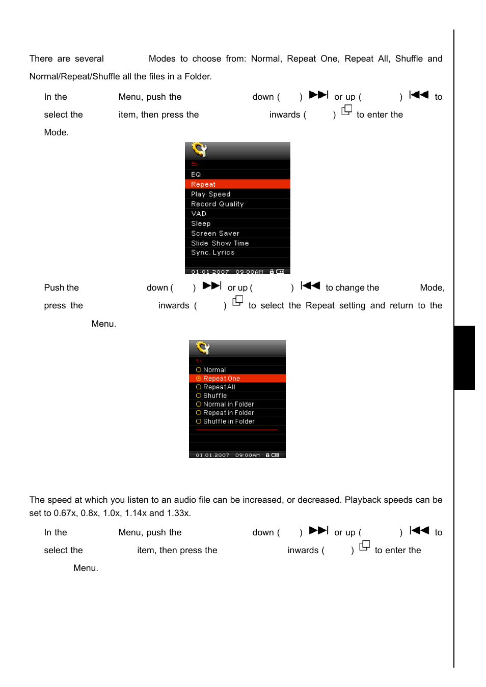 Repeat mode, Play speed, Repeat mode setti ng s | Transcend Information TS8GMP840 User Manual | Page 36 / 73
