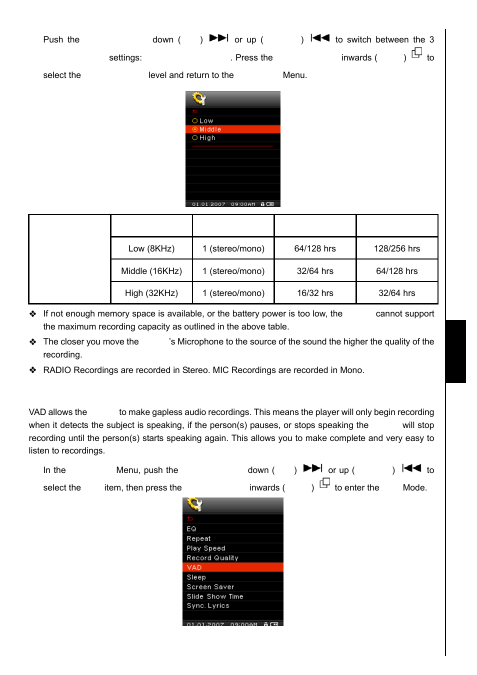 Vad (voice activation detection), Setti ng s setti ng s | Transcend Information TS8GMP840 User Manual | Page 38 / 73