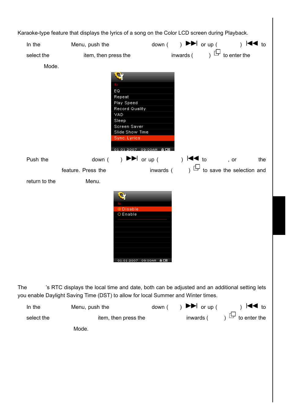 Sync. lyrics, Date/time setting, Sync. lyrics setti ng s | Transcend Information TS8GMP840 User Manual | Page 42 / 73