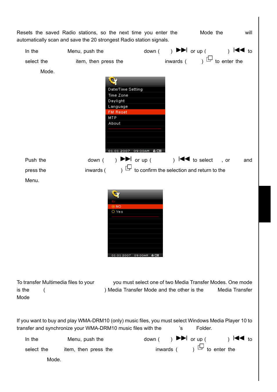 Fm reset, Media transfer modes, Mtp media transfer mode | Transcend Information TS8GMP840 User Manual | Page 46 / 73