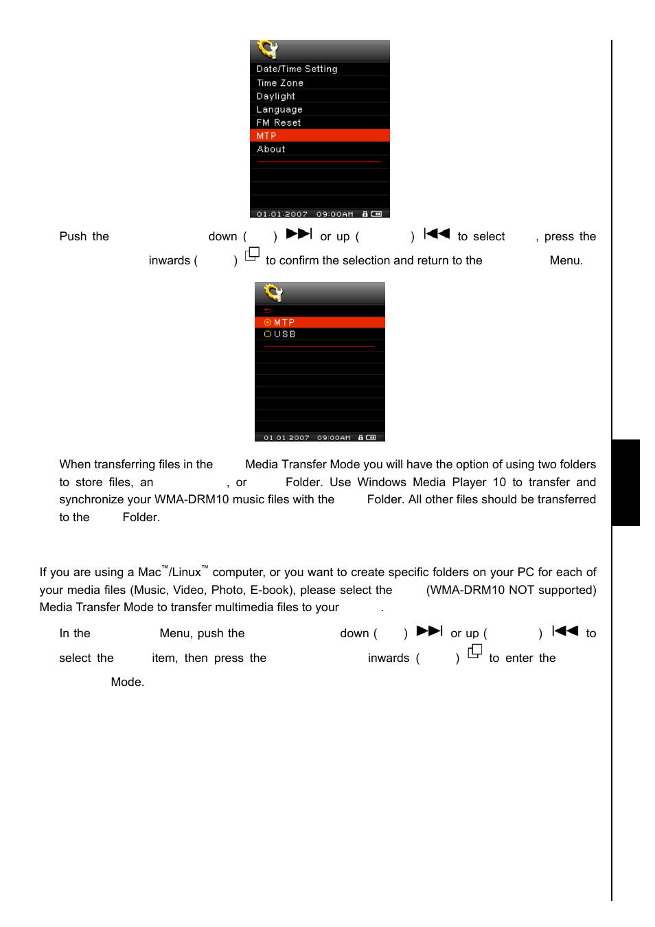 Usb media transfer mode, Music, Transfer mode | To transfer the files to the play, Setti ng s | Transcend Information TS8GMP840 User Manual | Page 47 / 73