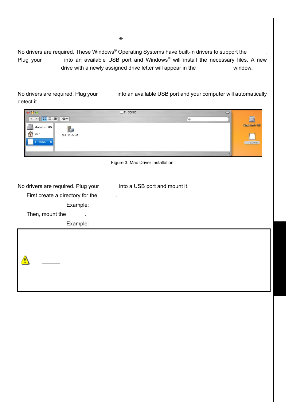 Driver installation, Driver installation for windows, Me, 2000, xp and vista | Driver installation for mac, Os 10.0, or later, Driver installation for linux, Kernel 2.4, or later | Transcend Information TS8GMP840 User Manual | Page 49 / 73