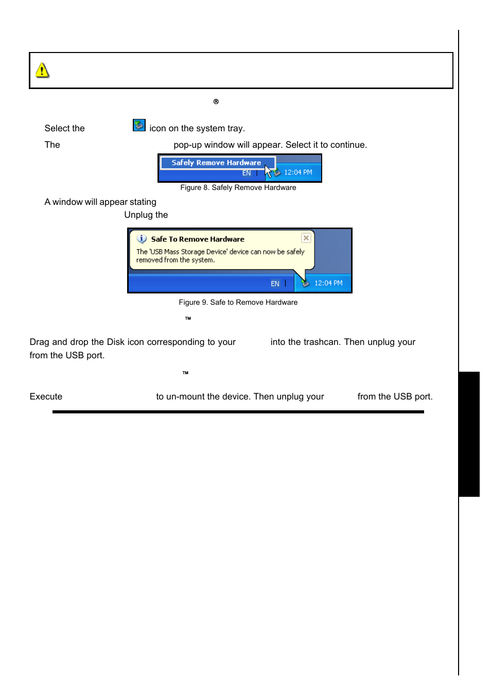 Disconnecting from a computer, Use with a computer, Removing the mp840 in windows | Me, 2000, xp and vista, Removing the mp840 in mac, Os 10.0, or later, Remove the mp840 in linux, Kernel 2.4, or later | Transcend Information TS8GMP840 User Manual | Page 54 / 73