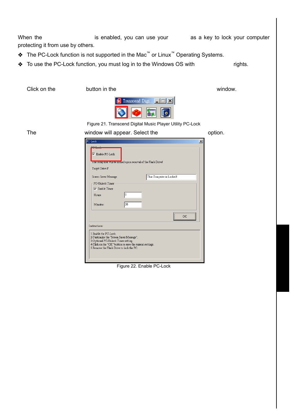 Pc-lock function, Pc-lock function for windows, Me, 2000, xp and vista | Transcend Information TS8GMP840 User Manual | Page 63 / 73