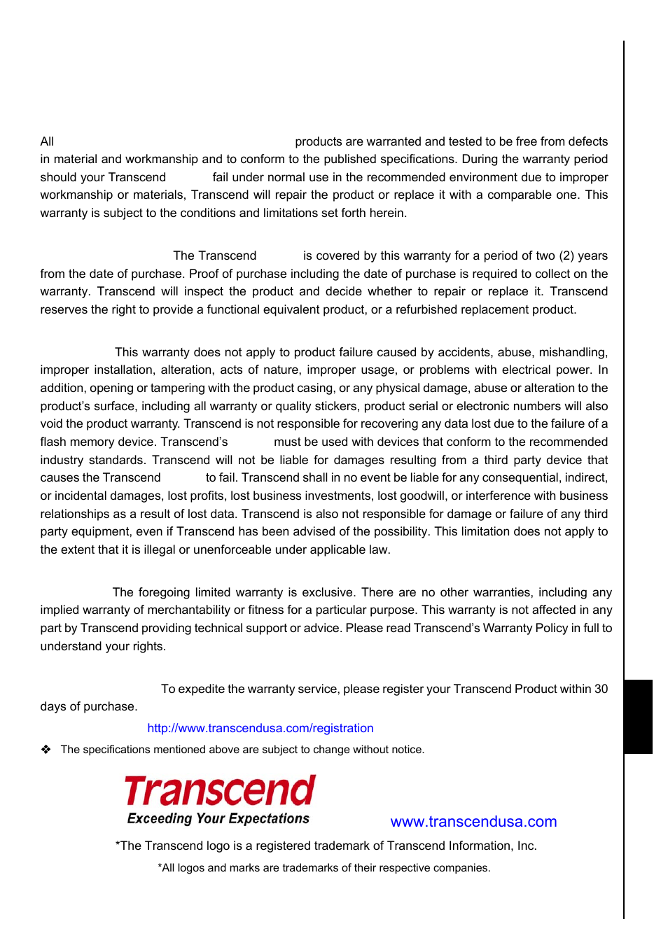 Transcend limited warranty, Transcend information, inc, Warranty | Transcend Information TS8GMP840 User Manual | Page 73 / 73