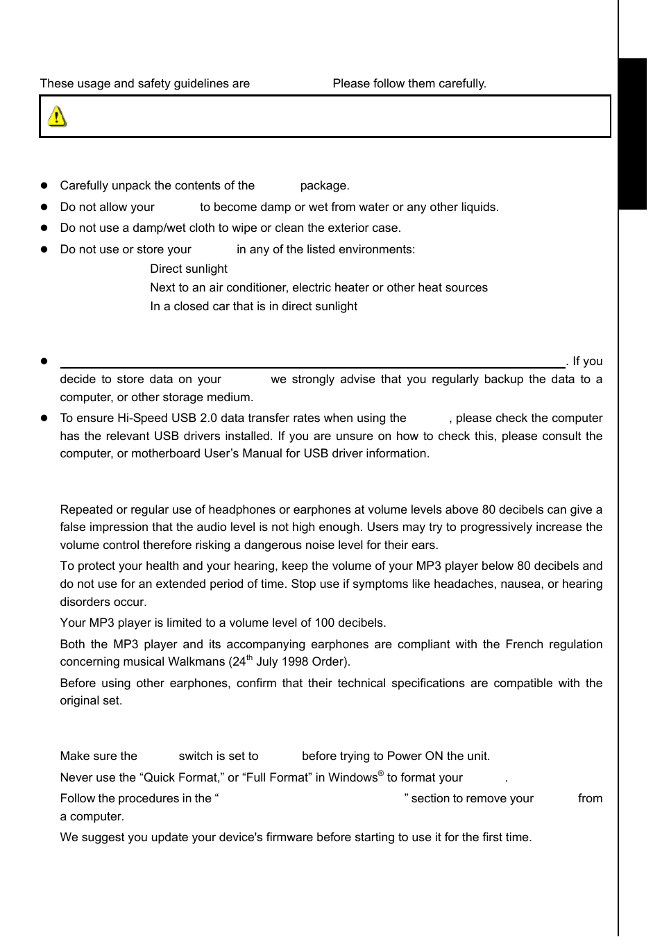 Safety precautions, Backing up data, Caution: risk of deafness | Reminders, General use | Transcend Information TS8GMP840 User Manual | Page 8 / 73