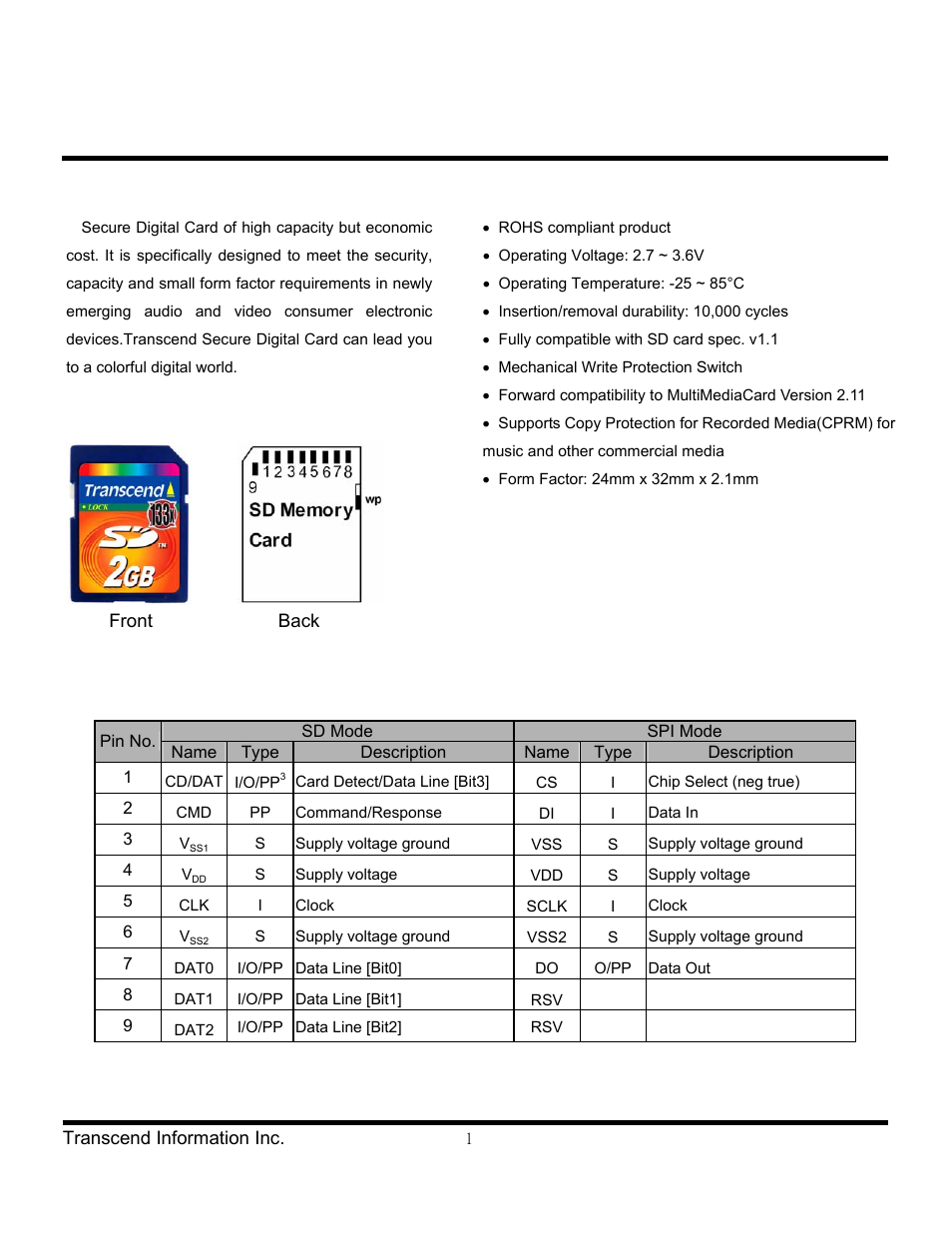 Transcend Information Secure Digital Card TS2GSD133 User Manual | 10 pages