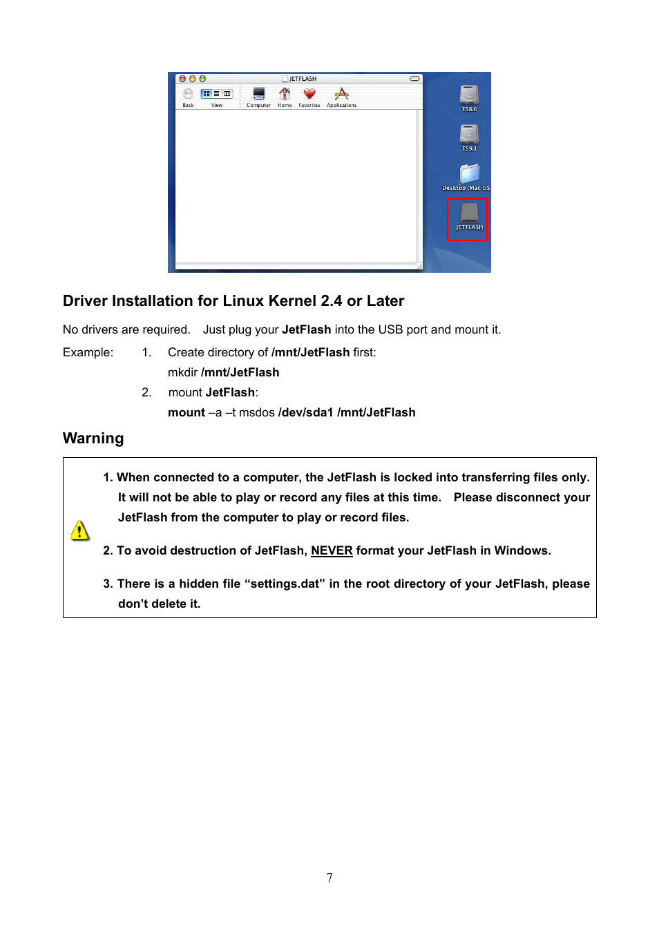 Driver installation for linux kernel 2.4 or later, Warning | Transcend Information TS1GJF User Manual | Page 10 / 30