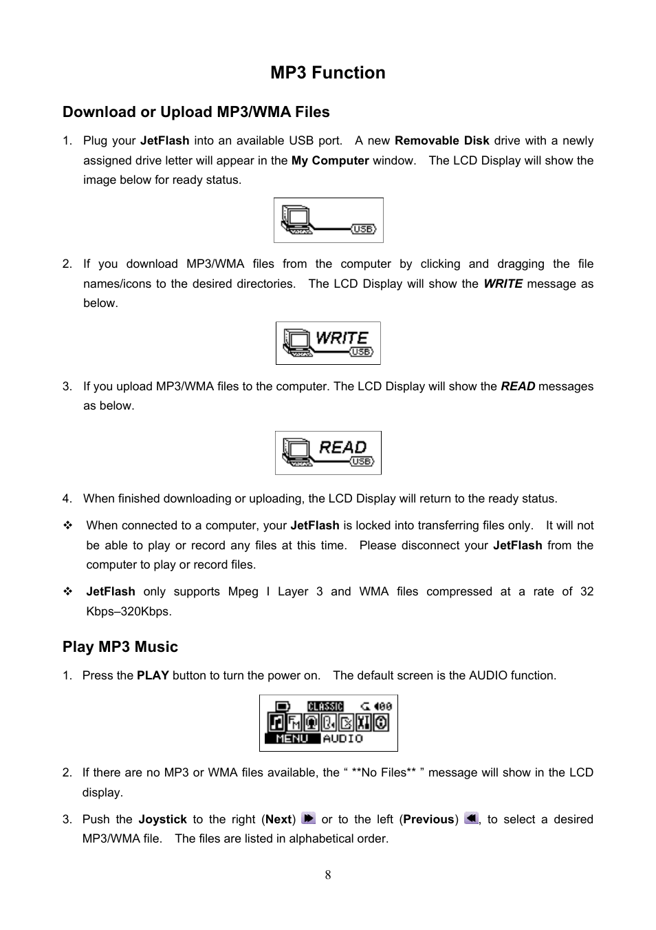 Mp3 function, Download or upload mp3/wma files, Play mp3 music | Transcend Information TS1GJF User Manual | Page 11 / 30