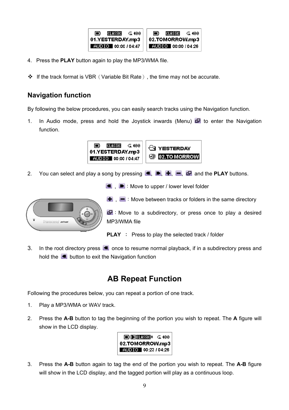 Ab repeat function, Navigation function | Transcend Information TS1GJF User Manual | Page 12 / 30