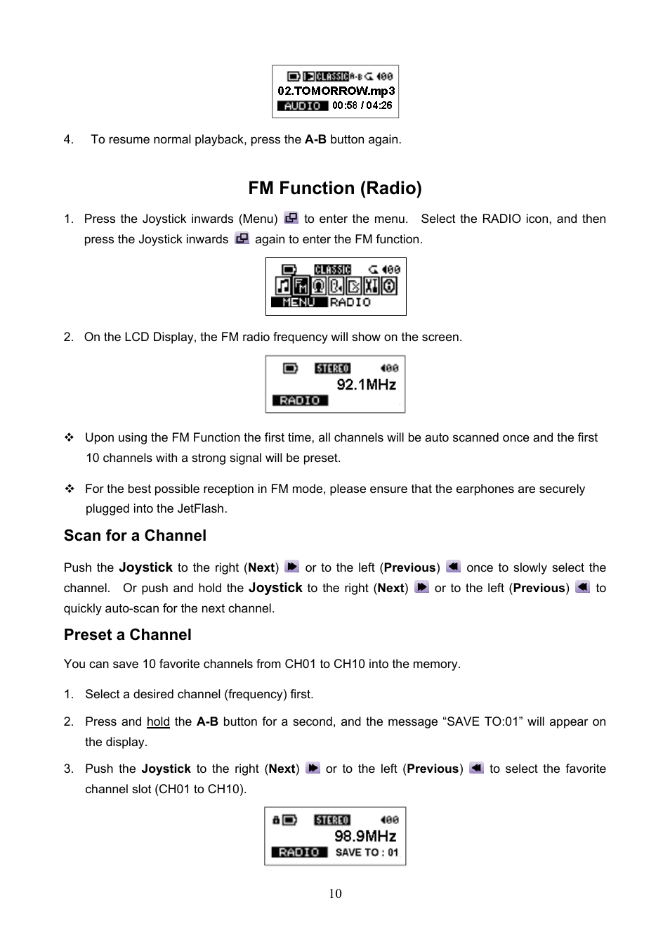 Fm function (radio), Scan for a channel, Preset a channel | Transcend Information TS1GJF User Manual | Page 13 / 30