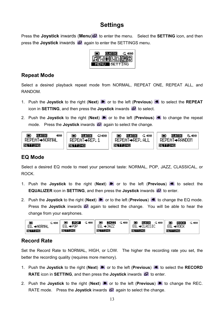 Settings, Repeat mode, Eq mode | Record rate | Transcend Information TS1GJF User Manual | Page 16 / 30