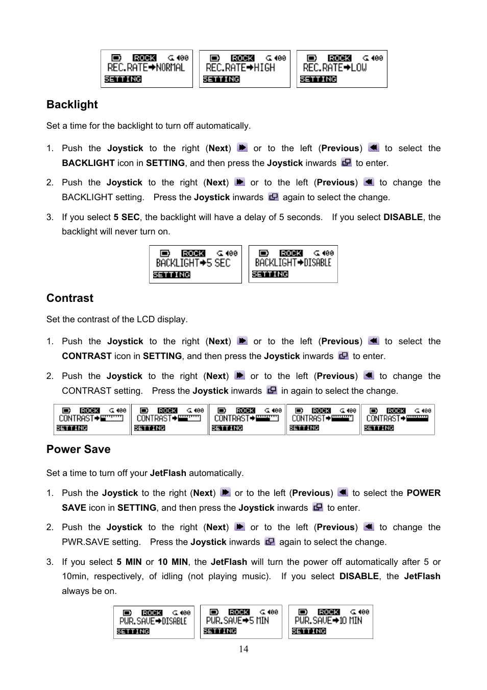 Backlight, Contrast, Power save | Transcend Information TS1GJF User Manual | Page 17 / 30