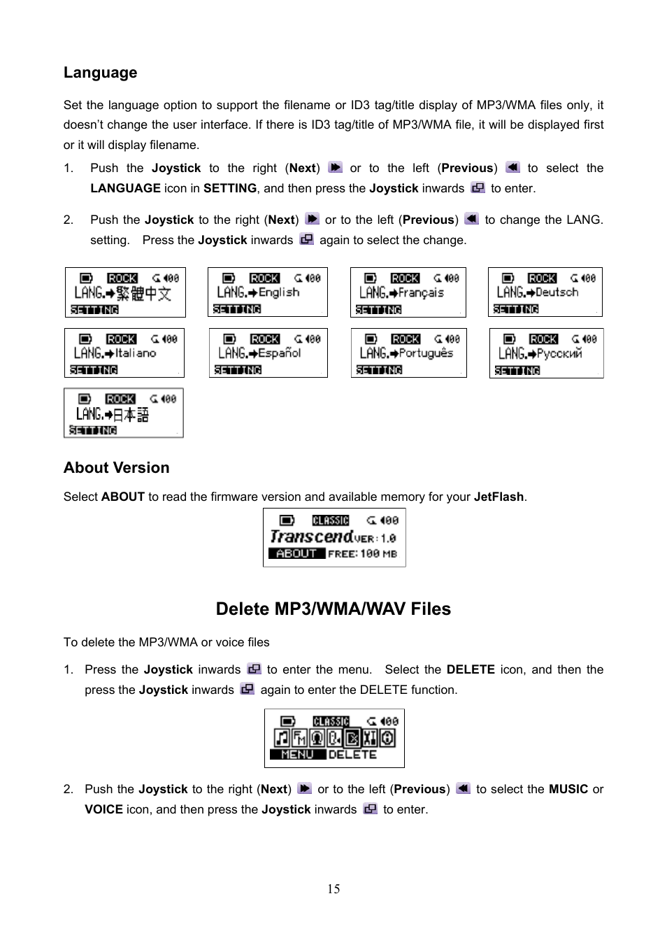 Delete mp3/wma/wav files, Language, About version | Transcend Information TS1GJF User Manual | Page 18 / 30